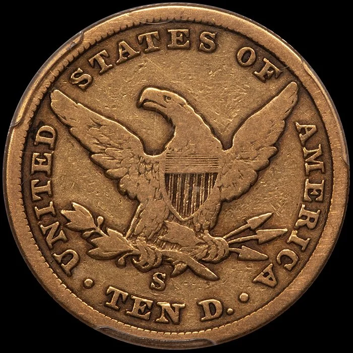Eagle. 18589-S San Francisco $10 gold coin. PCGS VG10 CAC.