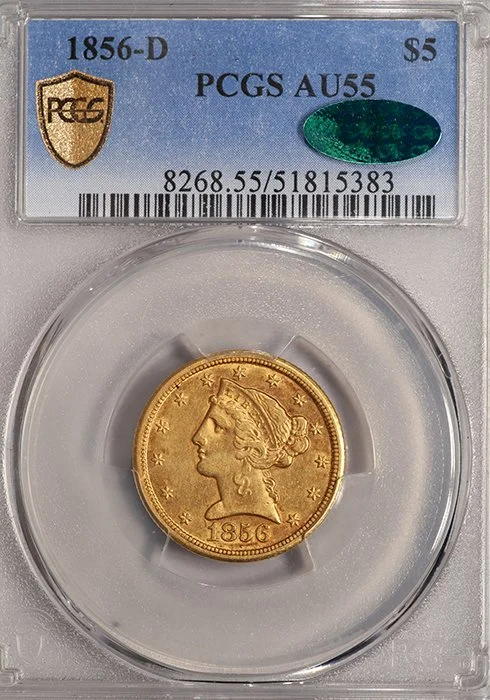 Half Eagle. 1856-D Dahlonega $5.00 gold coin. PCGS AU55 CAC.