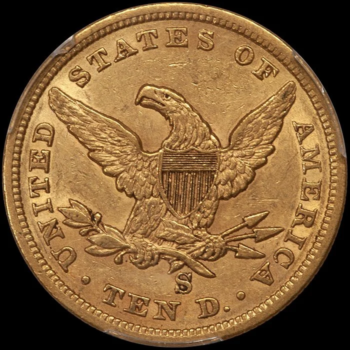 Eagle. 1860-S San Francisco $10 gold coin. PCGS AU55 CAC.