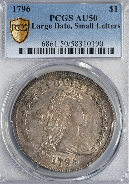 1796 early Silver $1. PCGS AU50. Large Date, Small Letters.