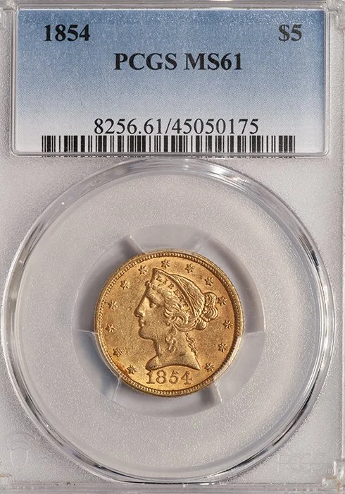 Half Eagle. 1854 $5 gold coin. PCGS MS61.