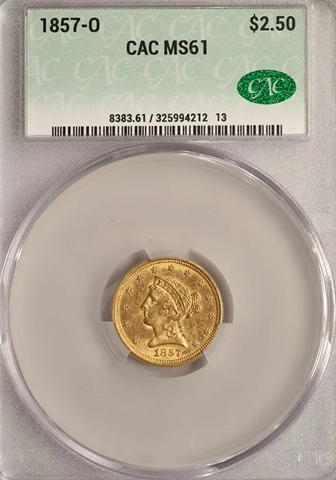 Quarter Eagle. 1857-O New Orleans $2.50 gold coin. CACG MS61.