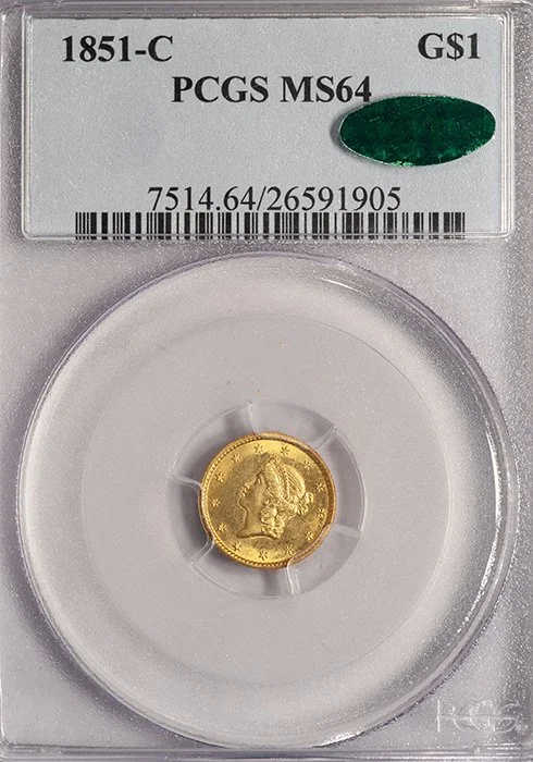 old Dollar. 1851-C Charlotte $1 gold coin. PCGS MS64 CAC.
