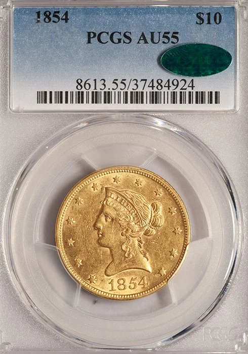 Eagle. 1854 $10 gold coin. PCGS AU55 CAC.