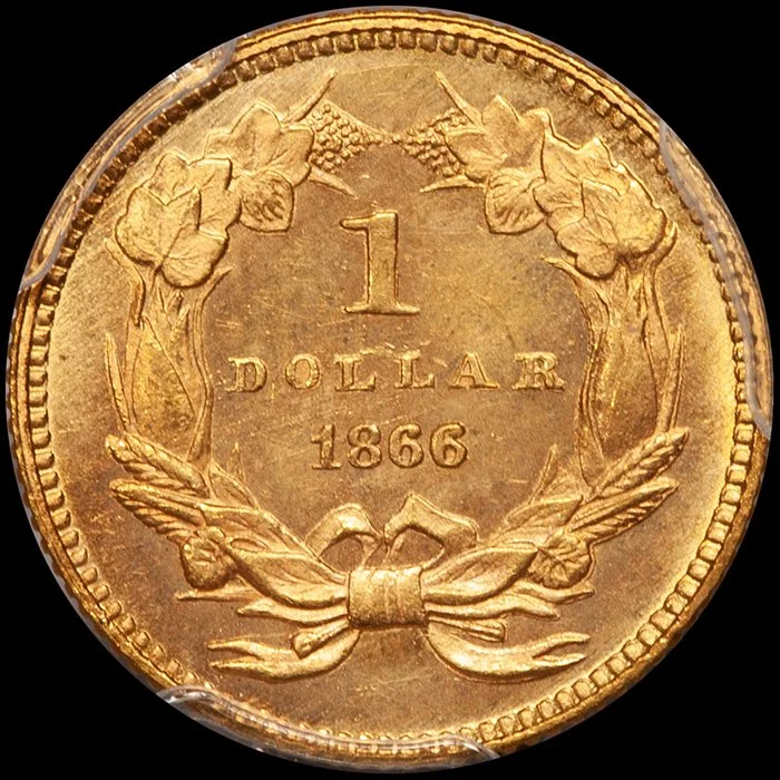 Gold Dollar. 1866 $1 gold coin. PCGS MS65 CAC.