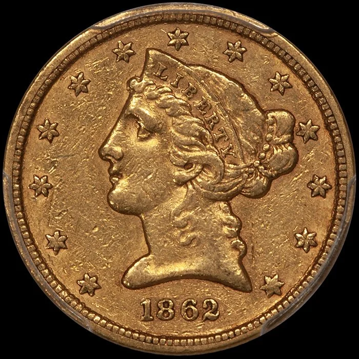 Half Eagle. 1862-S San Francisco $5 gold coin. PCGS EF45 CAC. Fairmont.