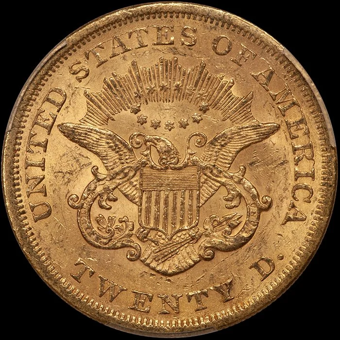 Double Eagle. 1865 $20 gold coin. PCGS AU58 CAC.