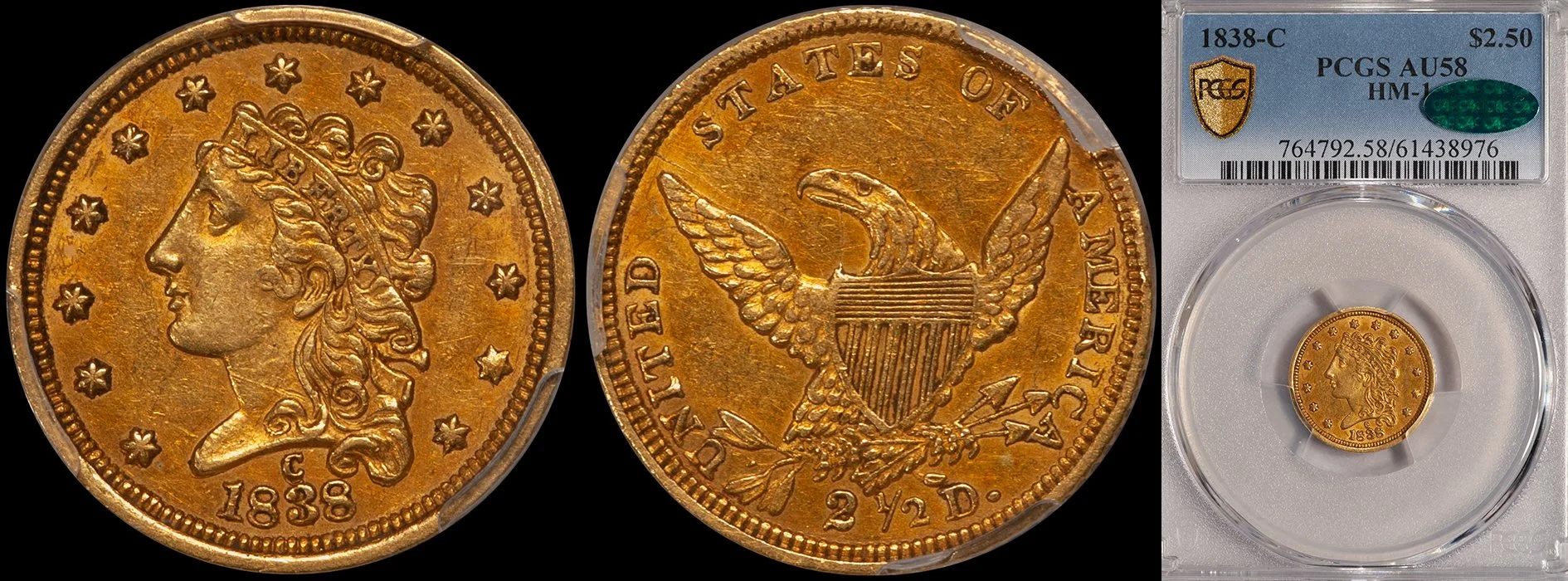 ON HOLD - $2.50 - 1838-C PCGS AU58 CAC, HM-1