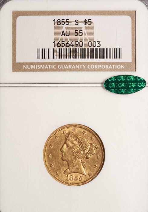 Half Eagle. 1855-S San Francisco $5 gold coin. NGC AU55 CAC.