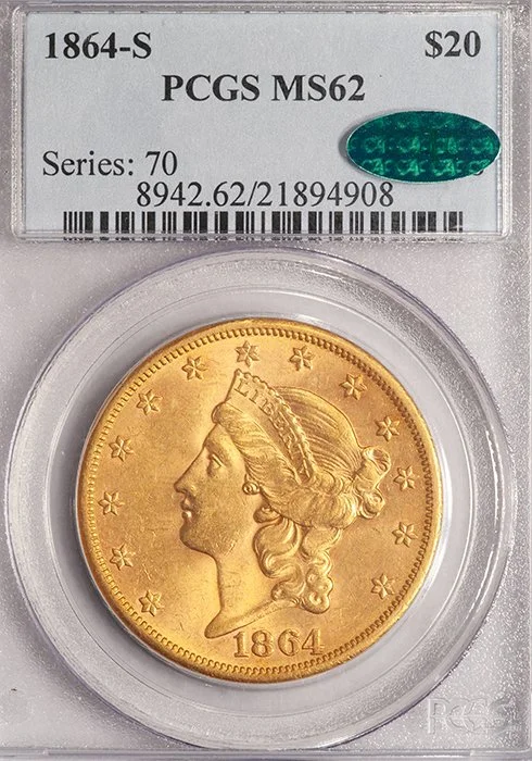 Double Eagle. 1864-S San Francisco $20 gold coin. PCGS MS62 CAC.