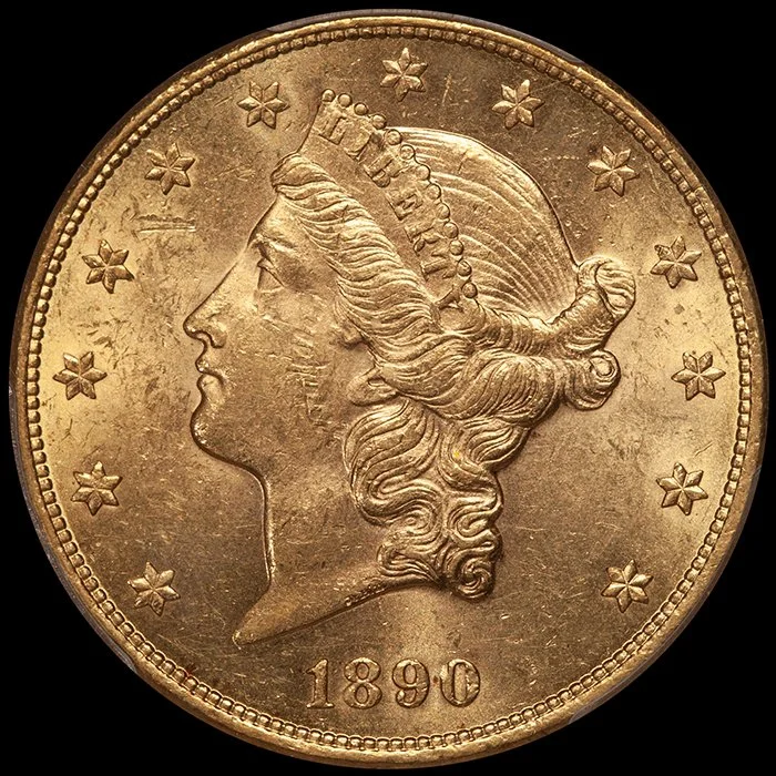 Double Eagle. 1890-CC Carson City $20 gold coin. PCGS AU58.