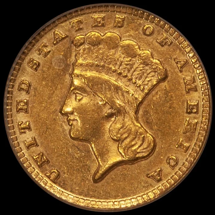 Gold Dollar. 1858-D Dahlonega $1.00 gold coin. PCGS AU58 CAC.