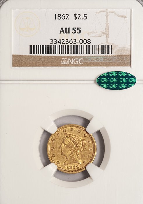 Quarter Eagle. 1862 $2.50 gold coin. NGC AU55 CAC.
