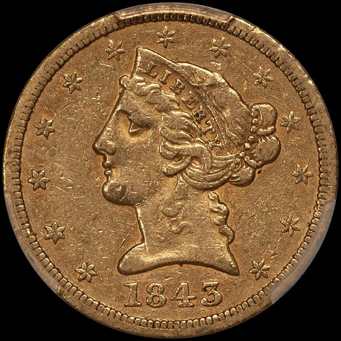 Half Eagle. 1843-O New Orleans $5 gold coin. PCGS EF40 CAC. Ex Fairmont.