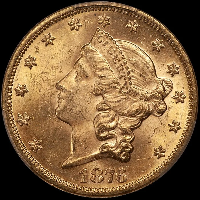 Double Eagle. 1876 $20 gold coin. PCGS MS62 CAC.