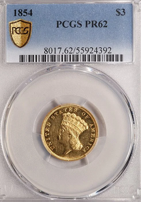 Three Dollars. 1854 $3 gold coin. PCGS PR62.