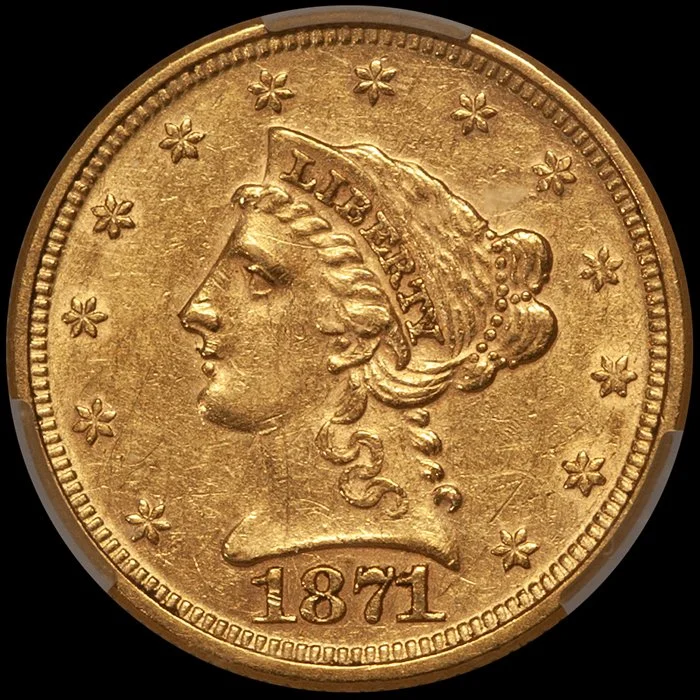 Quarter Eagle. 1871 $2.50 gold coin. CACG AU58.