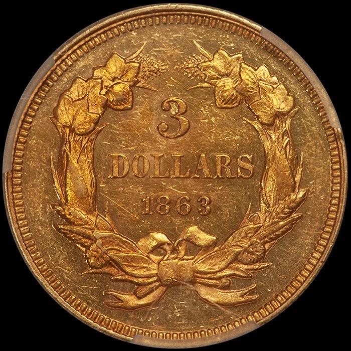 Three Dollars. 1863 Proof $3.00 gold coin.PCGS PR58 CAC.