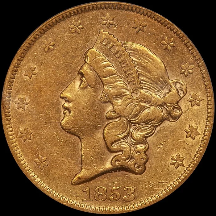 Double Eagle. 1853/2 $20 gold coin. PCGS EF45 CAC.