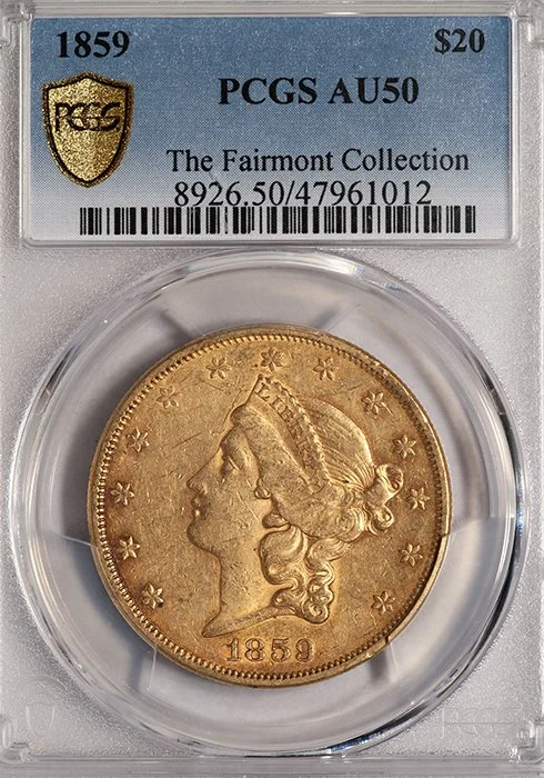 Double Eagle. 1859 $20 gold coin. PCGS AU50. (Copy)