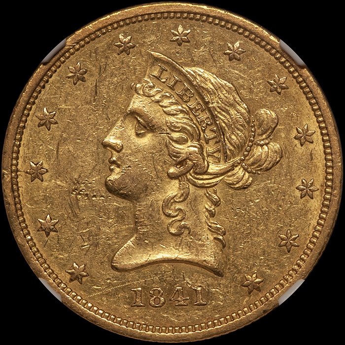 Eagle. 1841 $10 gold coin. NGC AU55.