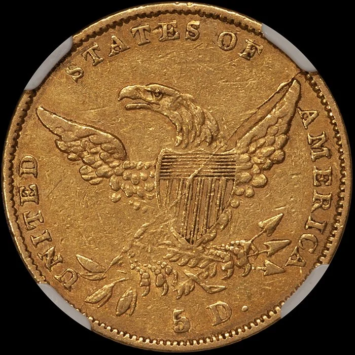 Half Eagle. 1838-C Charlotte $5 gold coin. NGC AU50 CAC.