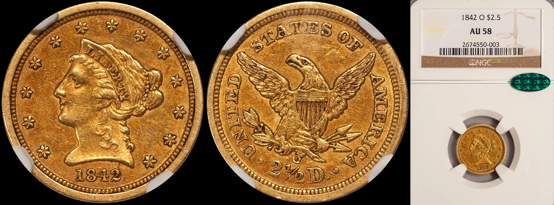 Quarter Eagle. 1842-O New Orleans $2.50 gold coin. NGC AU58 CAC.