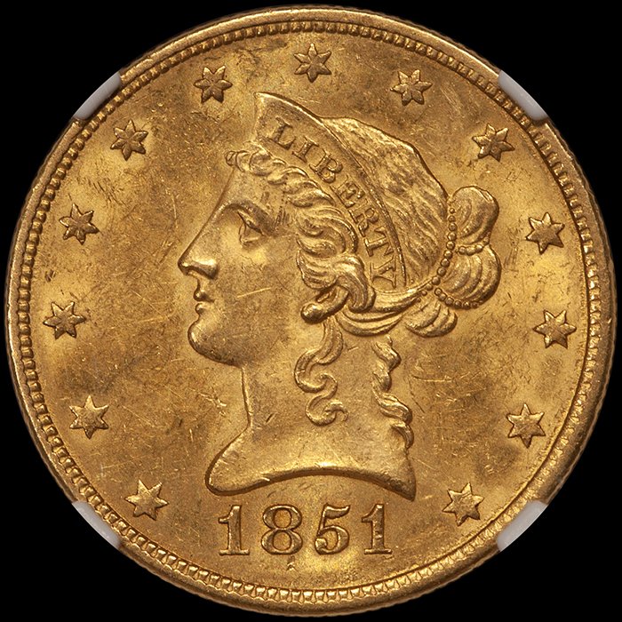 Eagle. 1851-O New Orleans $10 gold coin. NGC MS62+ CAC.