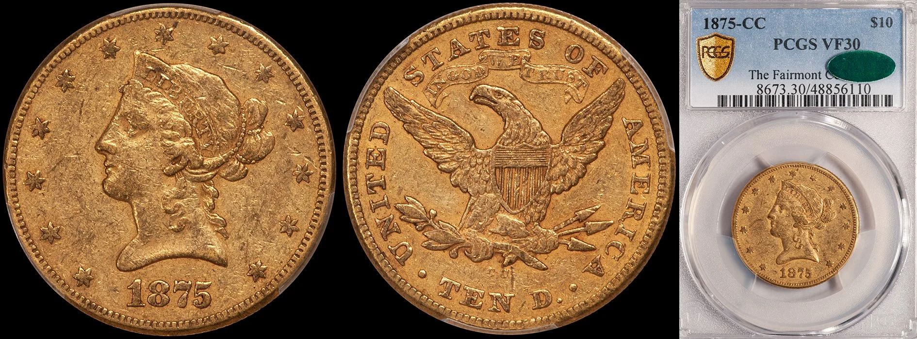 Eagle. 1875-CC Carson City $10 gold coin. PCGS VF35 CAC.