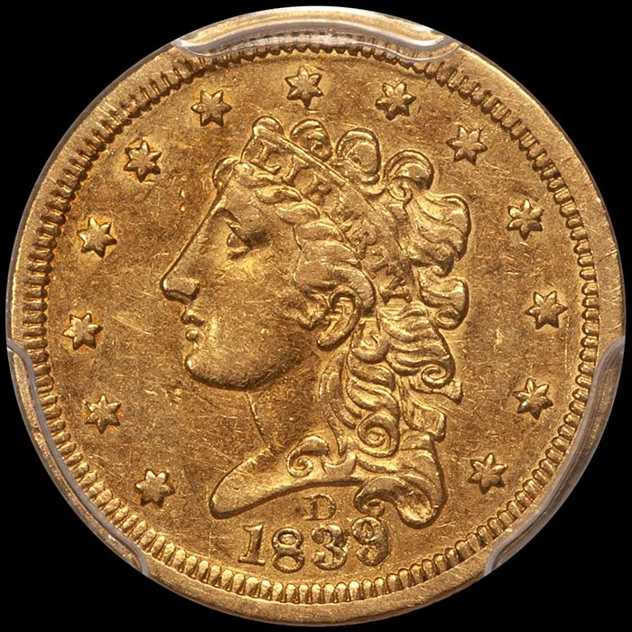 Quarter Eagle. 1839-D Dahlonega $2.50 gold coin. PCGS EF45.