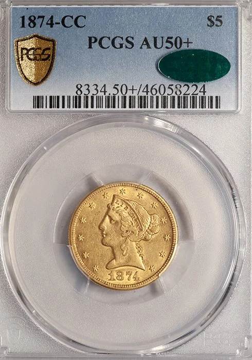 Half Eagle. 1874-CC Carson City $5 gold coin. PCGS AU50+ CAC