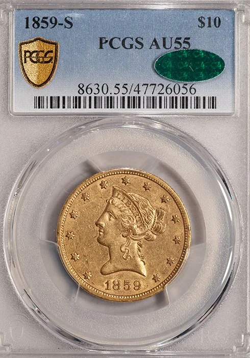 Eagle. 1859-S San Francisco $10 gold coin. PCGS AU55 CAC.