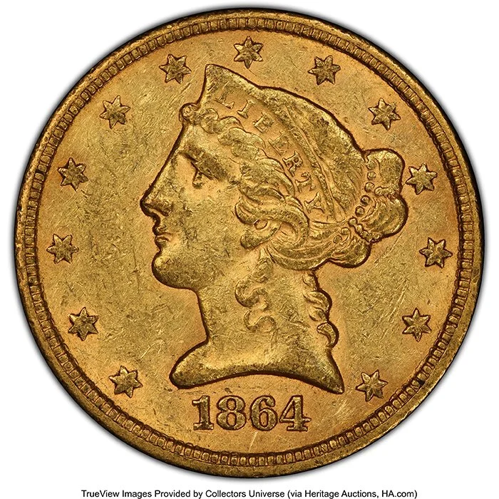 Half Eagle. 1864-S San Francisco $5.00 gold coin. AU58 CAC.