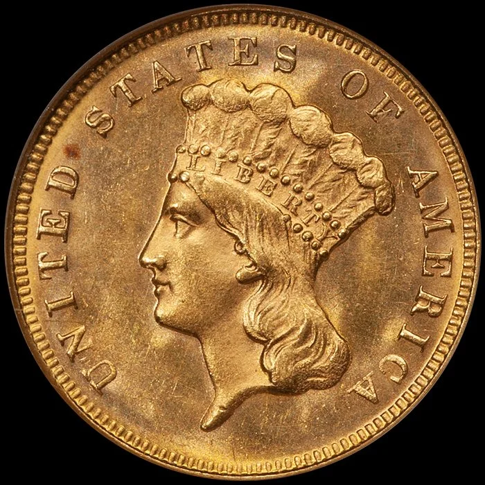 Three Dollars. 1874 $3.00 gold coin. NGC MS61, CAC Gold Sticker.