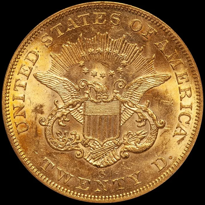 Double Eagle. 1856-S San Francisco $20 gold coin. PCGS AU55 CAC