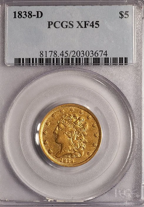 Half Eagle. 1838-D Dahlonega $5 gold coin. PCGS EF45.