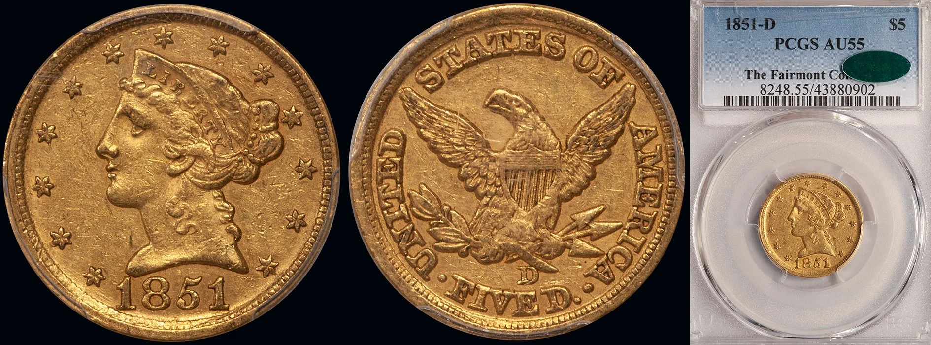 Half Eagle. 1851-D Dahlonega $5 gold coin. PCGS AU55 CAC.