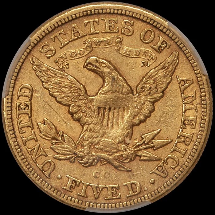 Half Eagle. 1872-CC Carson City $5.00 gold coin. CACG EF45.