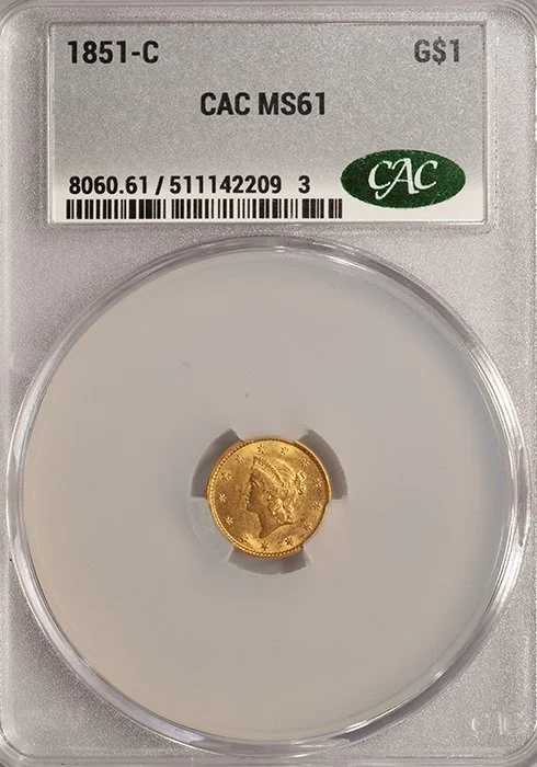 Gold Dollar. 1851-C Charlotte $1.00 gold coin. CACG MS61.