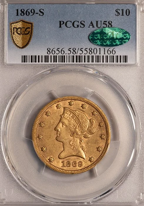 Eagle. 1869-S San Francisco $10 gold coin. PCGS AU58 CAC.