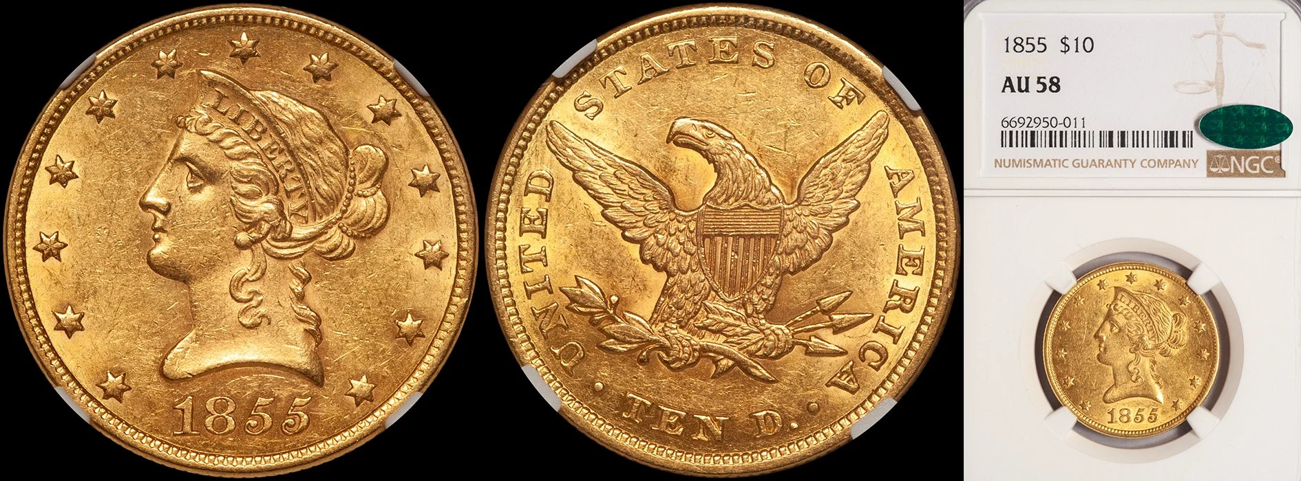 ON HOLD - $10.00 - 1855 NGC AU58 CAC
