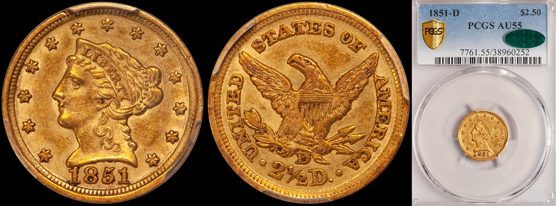 ON HOLD - $2.50 - 1851-D PCGS AU55 CAC