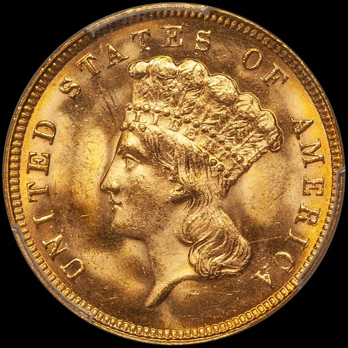 Three Dollars. 1887 $3.00 gold coin. PCGS MS65 CAC.