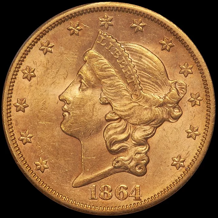 Double Eagle. 1864-S San Francisco $20 gold coin. PCGS MS62 CAC.