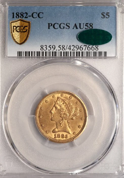 Half Eagle. 1882-CC Carson City $5 gold coin. PCGS AU58 CAC
