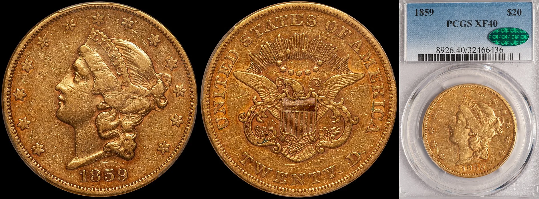Double Eagle. 1859 $20 gold coin. PCGS EF40 CAC. (Copy)