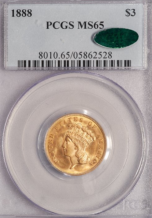 Three Dollars. 1888 $3 gold coin. PCGS MS65 CAC.