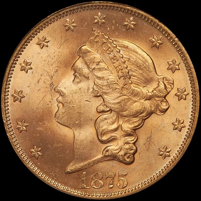Double Eagle. 1875 $20 gold coin. PCGS MS64 CAC.