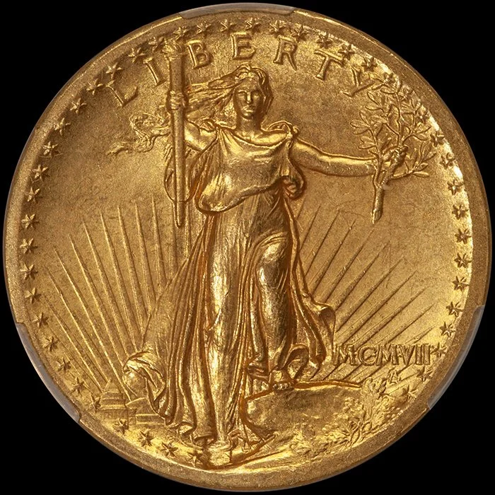 Double Eagle. MCMVII (1907) St. Gaudens High Relief, Wire Edge, $20 gold coin. CACG MS61.