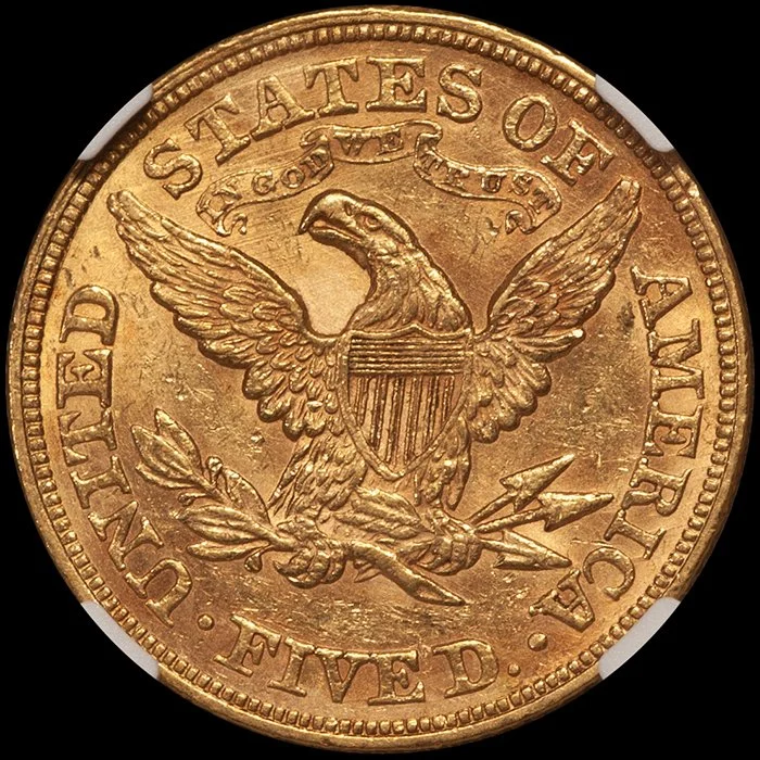 Half Eagle. 1866 motto $5 gold coin. NGC MS61 CAC.